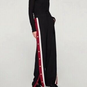 Zara Track Pants Wide Leg Black Pants Red White Side Stripes with gold buttons